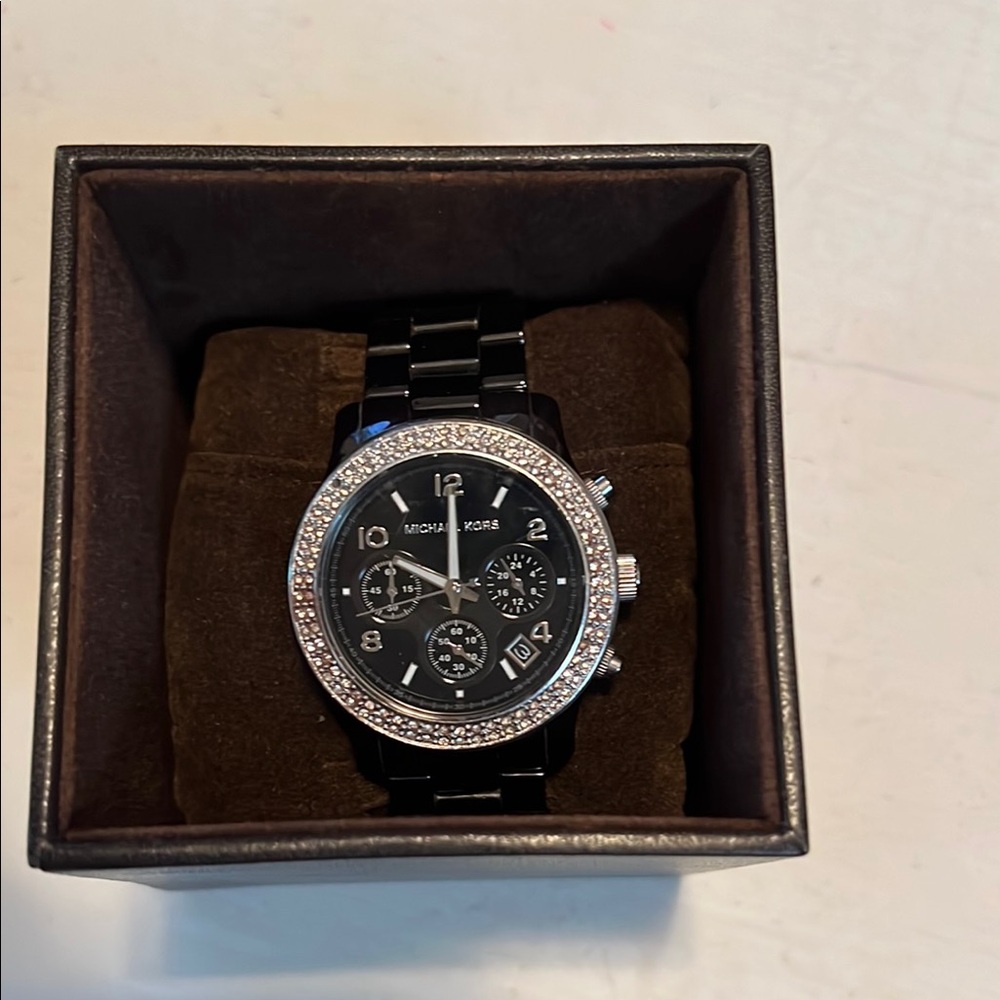 Michael Kors Black Ceramic Watch with Crystal Accents.  Pre-owned